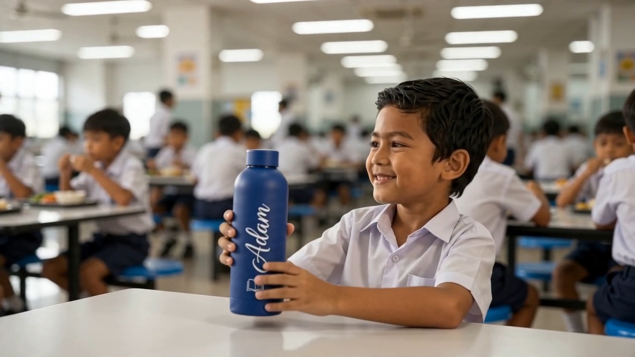 Botol air berpersonalisasi dengan nama anak — bonus pelancaraan MyBicara